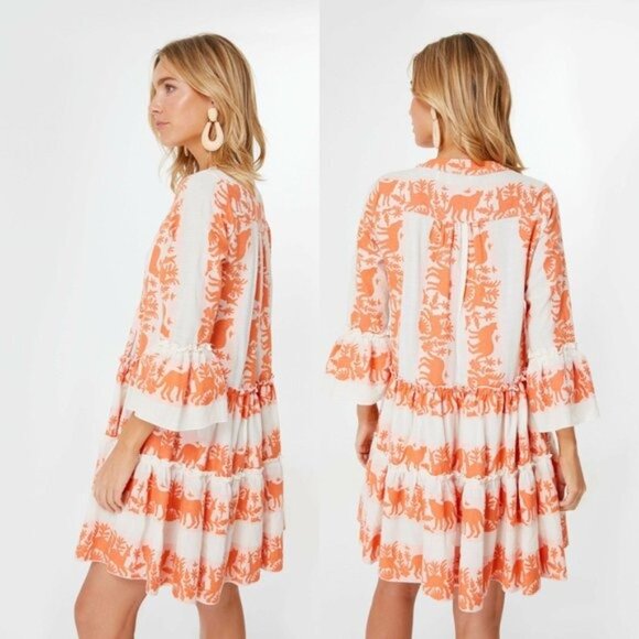 Tuckernuck NEW Kasia Ecru Clio Ruffle Mini Dress in Orange and Ivory Size XS - Picture 2 of 10